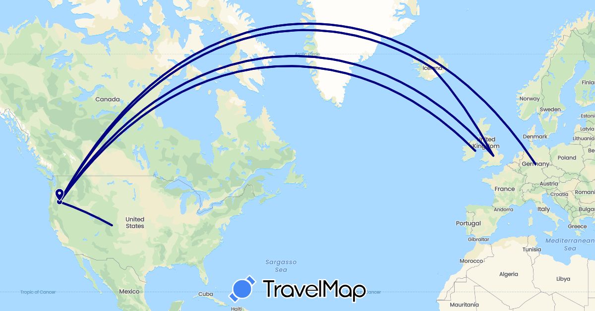 TravelMap itinerary: driving in Germany, United Kingdom, Ireland, Iceland, United States (Europe, North America)